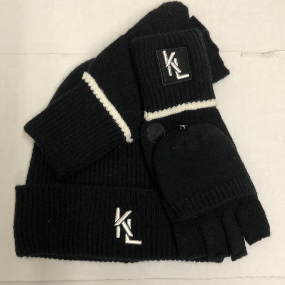 NWOT Karl Lagerfeld Paris Women's Beanie Hat & Gloves Set Black OSFM